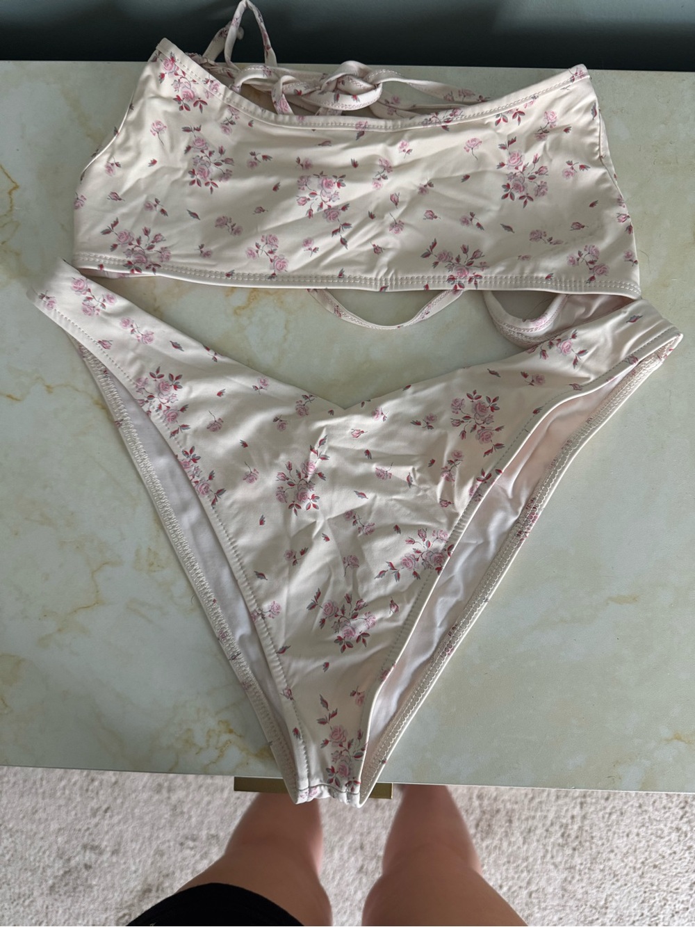 Frankie's Bikinis Cream Bandeau Bikini with Pink Floral Print
